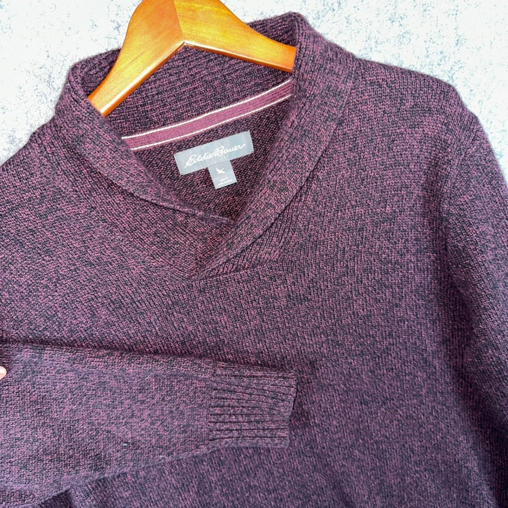 Eddie Bauer Sweater Mens L Burgundy Shawl Collar Wool Blend Marled Pullover